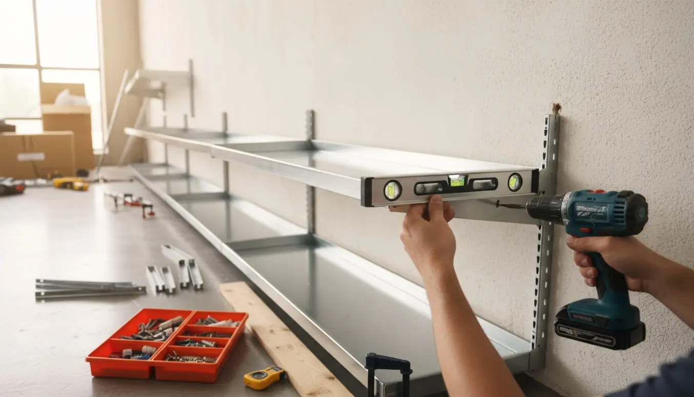 Montage af beslag, rawlplugs og boremaskine på en lang metalreol, der hælder mod venstre.