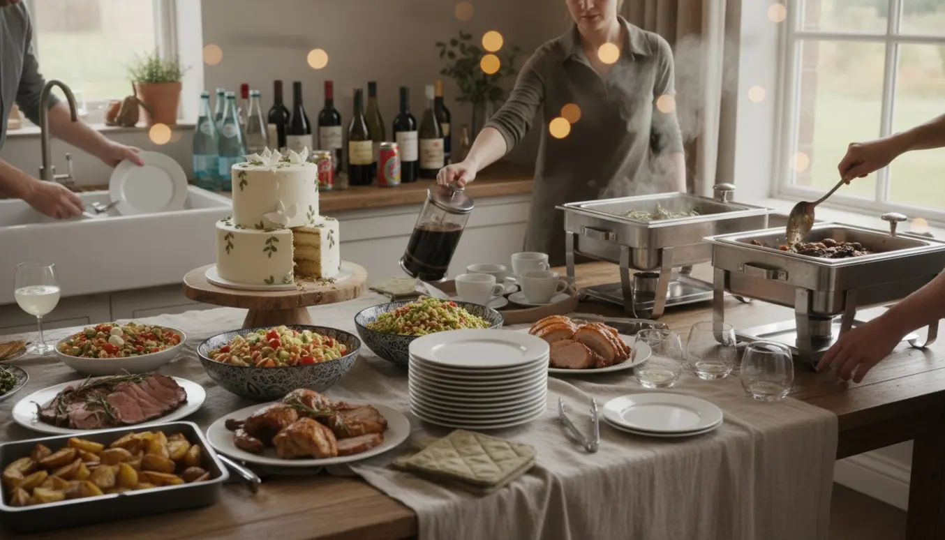 Hænder serverer mad, skænker kaffe fra en stempelkande og stiller drikke frem ved et buffetbord til barnedåb.