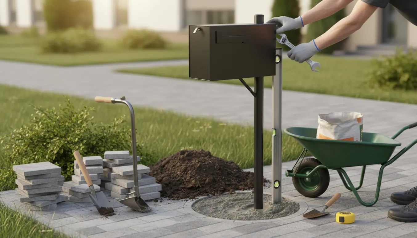 Installering af en postkasse på en stander i jorden ved fortovet med fjernede fliser og værktøj i forgrunden.