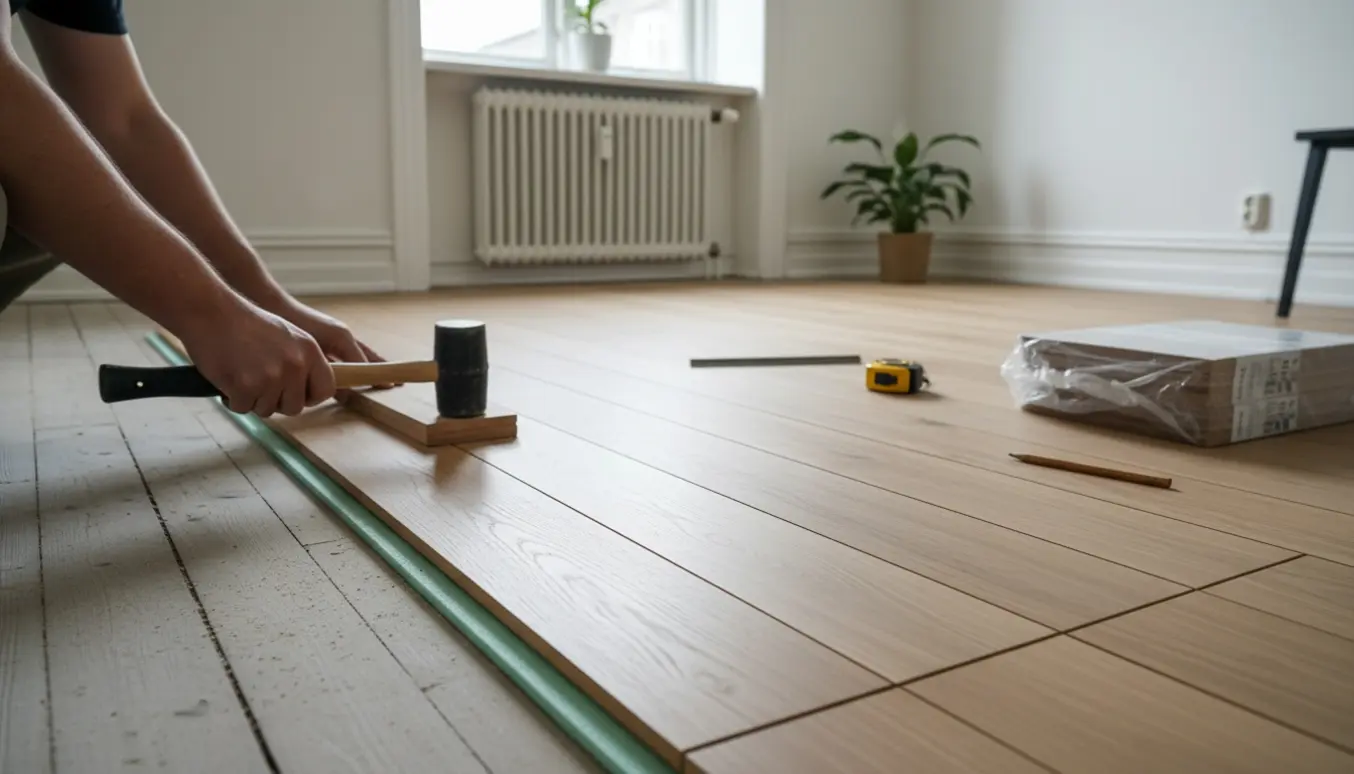 Ny klikgulvinstallation i en lille københavnerlejlighed med planker, værktøj og de gamle slidt trægulve i baggrunden.