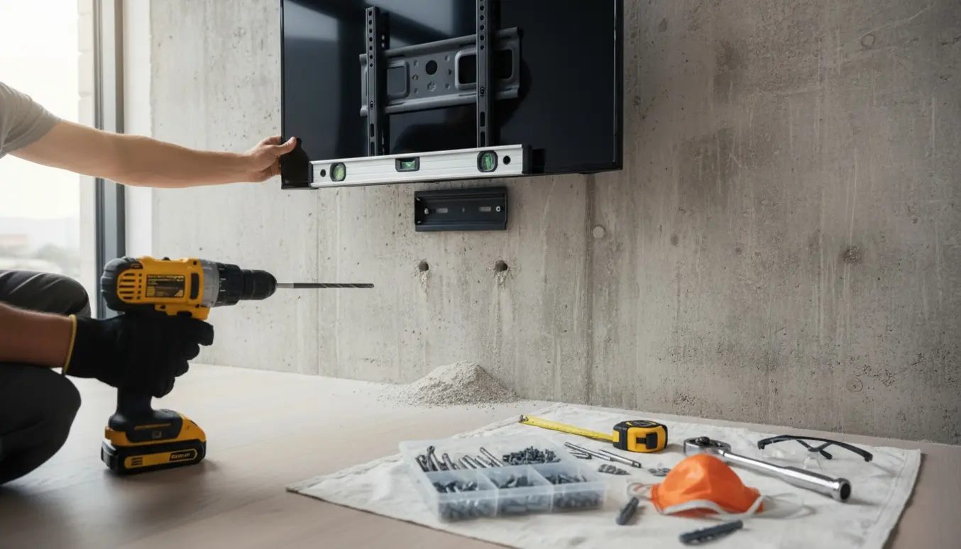 Montering af et mellemstort TV på en betonvæg med boremaskine, ankre og værktøj.