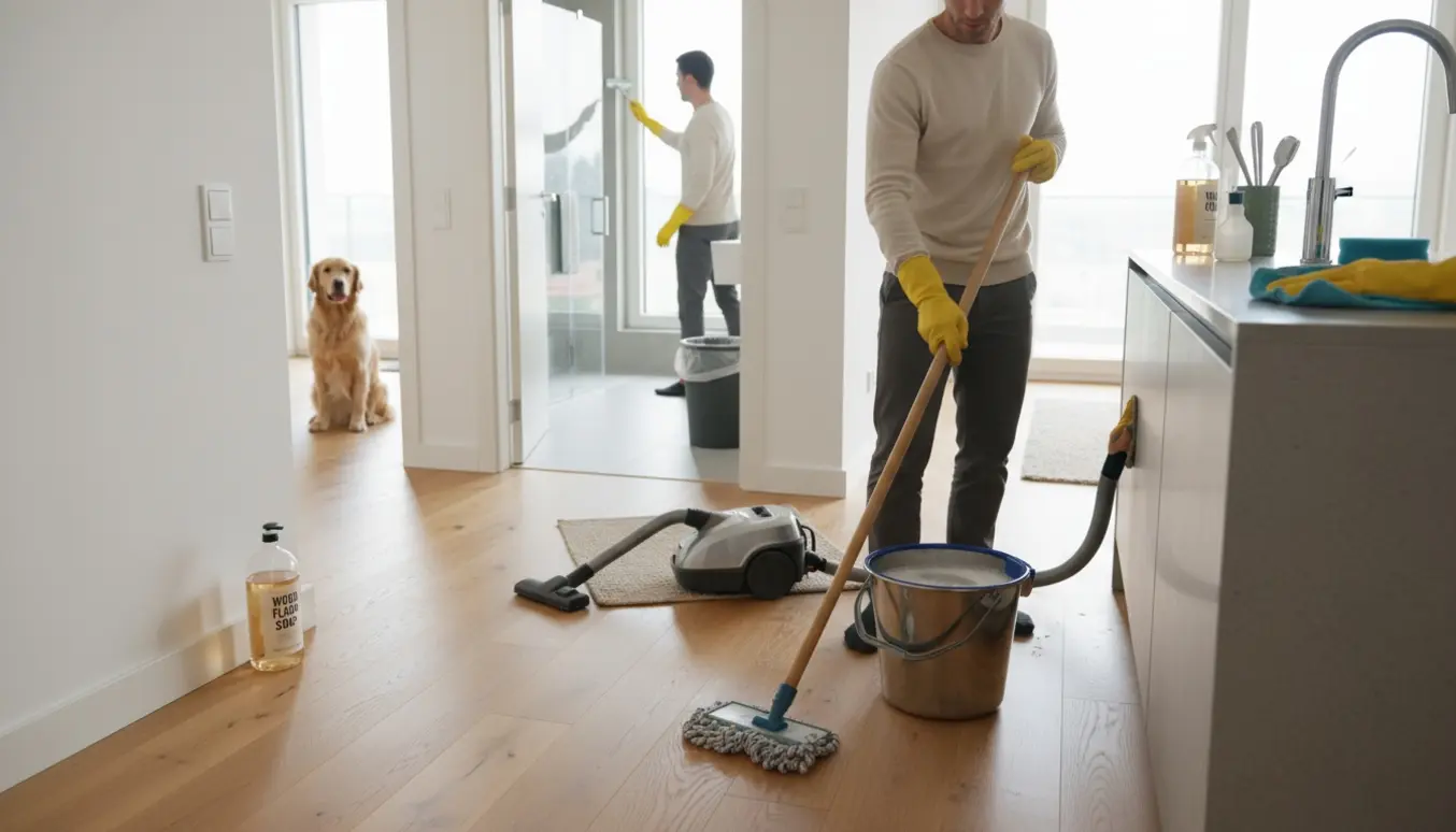 Rengøringsperson mopper trægulv i en lys lejlighed med støvsuger, rengøringsredskaber og en hund i nærheden.