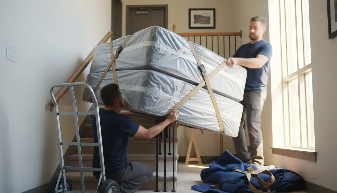 To boxmadrasser bæres op ad en trappe til første sal, uden tydelige ansigter.