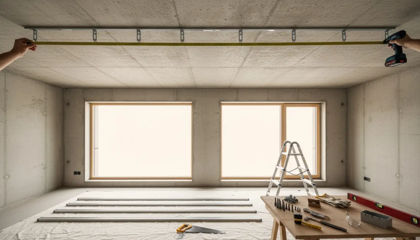 Hænder måler og monterer aluminium gardinskinner under et råt betonloft i et nybygget rum.