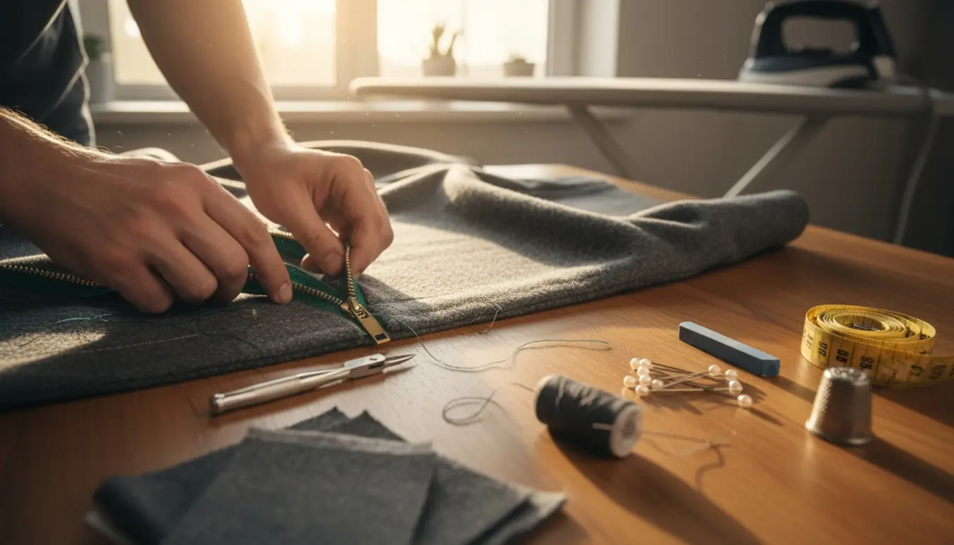 Nærbillede af hænder, der udskifter lynlåsen på en frakke på et træbord med syningværktøj ved et vindue.