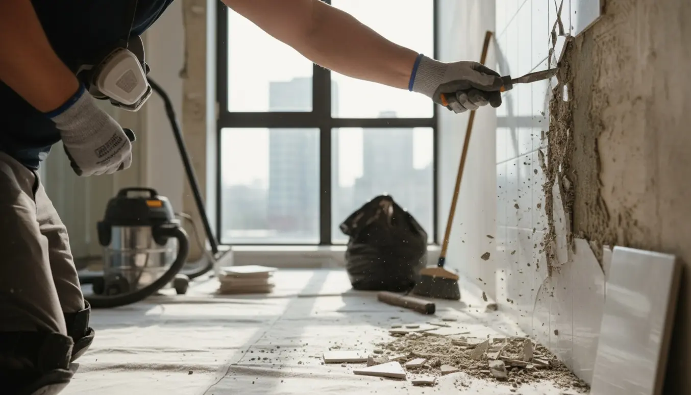 Arbejde med at fjerne klinker fra væg og gulv i et lejlighedsbad med værktøj og bunket materiale, set mod en byudsigt fra 5. sal.