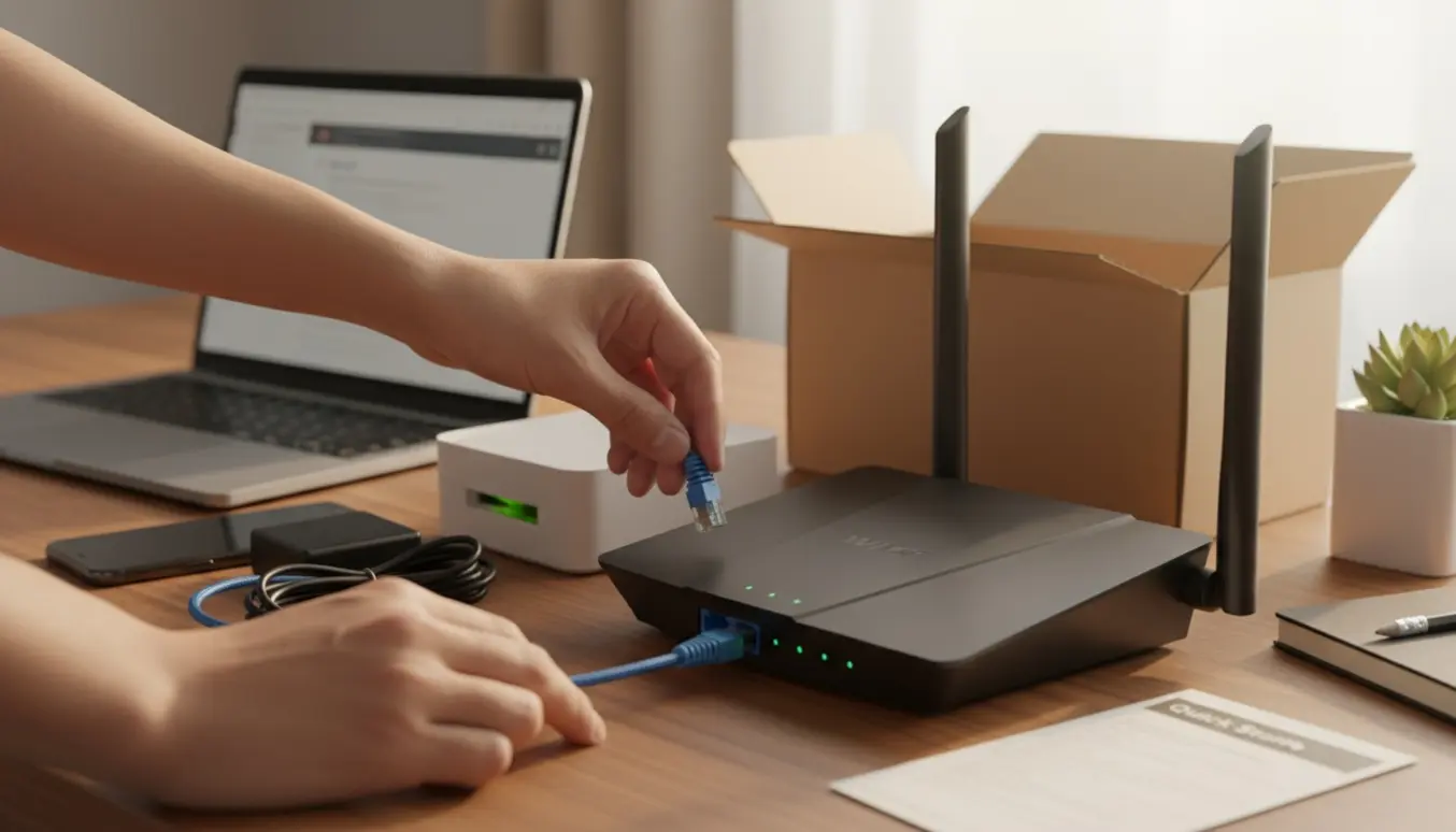 Hænder forbinder et Ethernet-kabel til en ny router på et lyst skrivebord.
