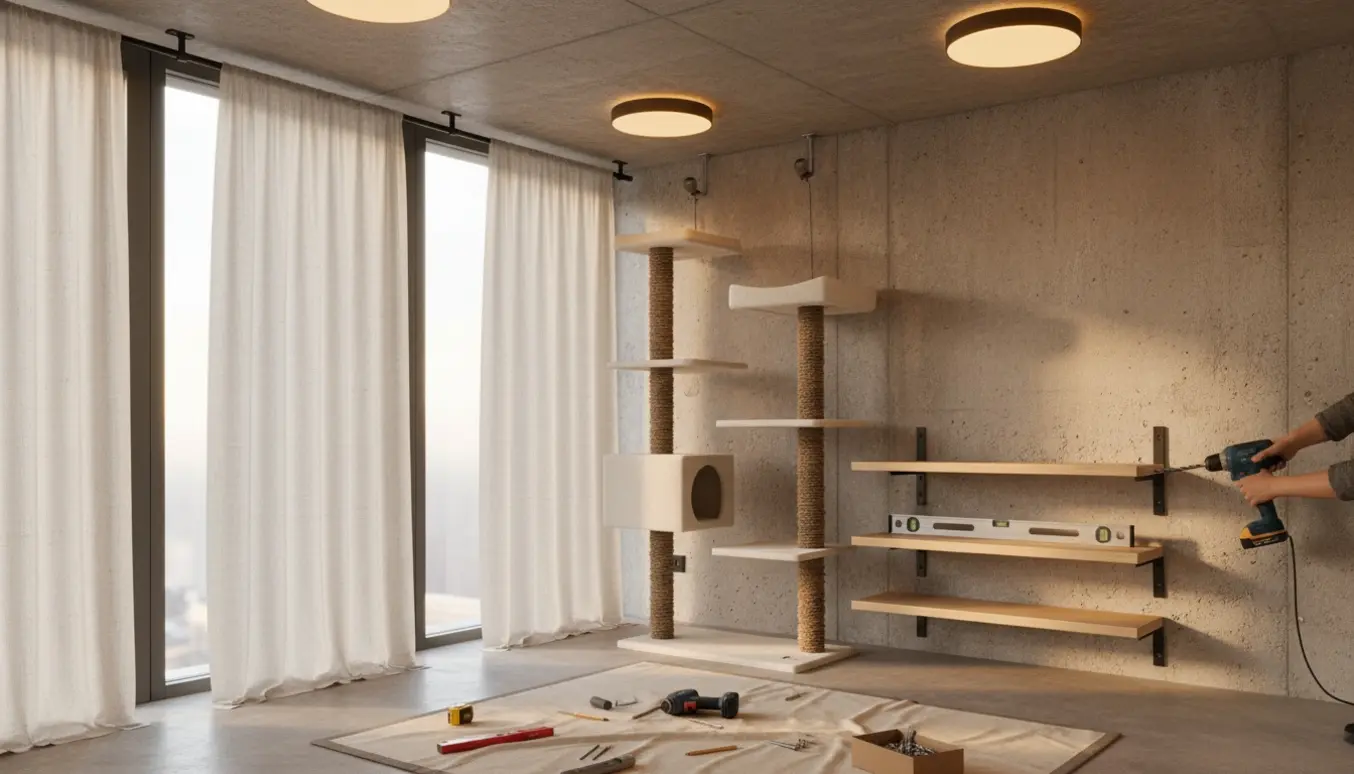 Montage af loftlamper, vægmonteret kattetræ, hylder og gardinholdere på en rå betonvæg i varmt eftermiddagslys.