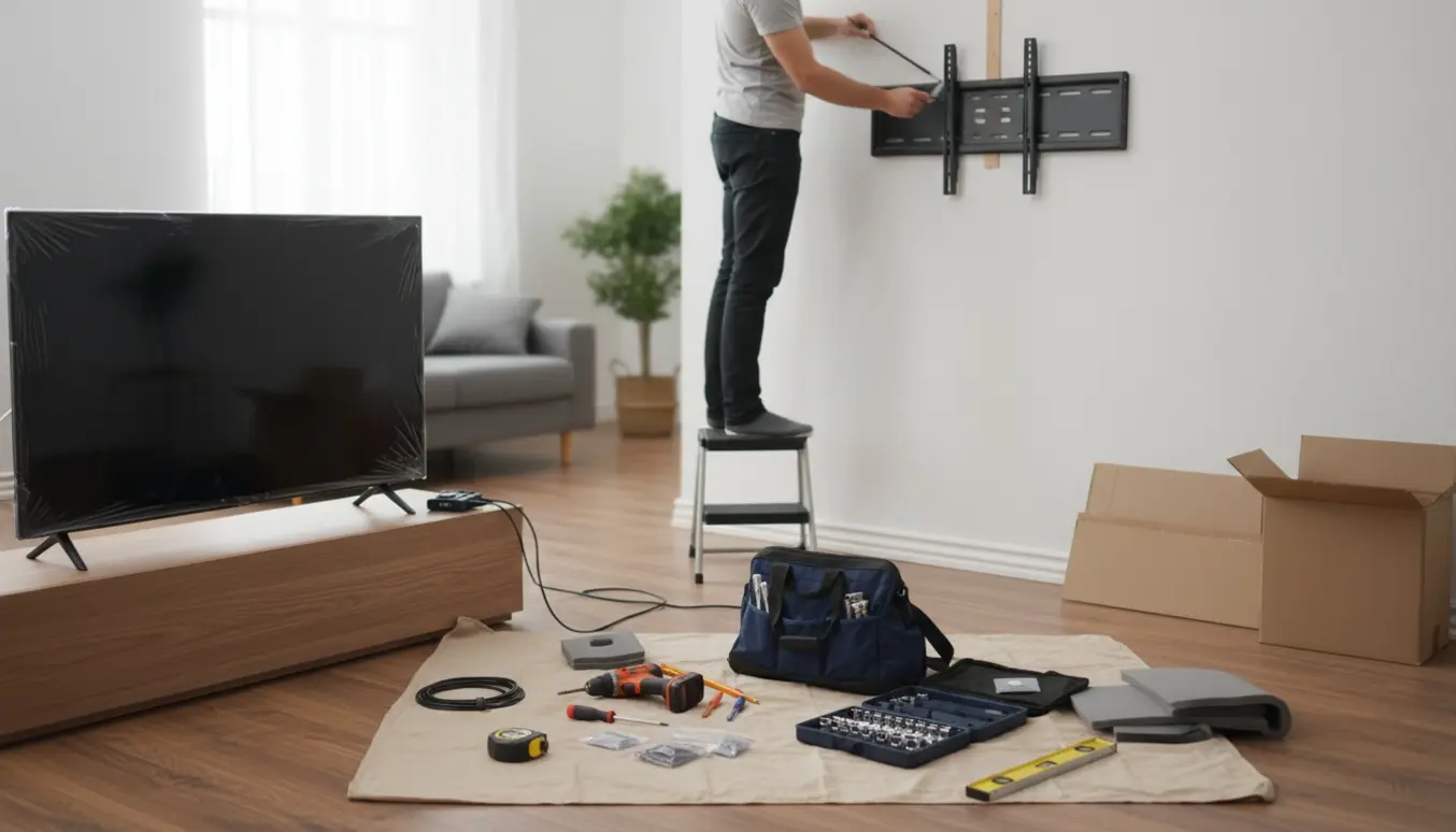 Nyt stort fladskærms-tv hænges på væggen med monteringsbeslag og værktøj samlet klar.