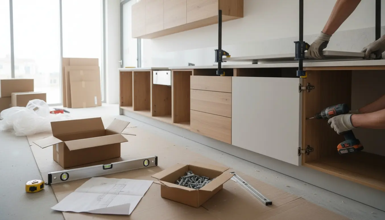 Håndværkerhænder monterer nye køkkeskabe og bordplade med værktøj og tegninger i et lyst, moderne køkken.