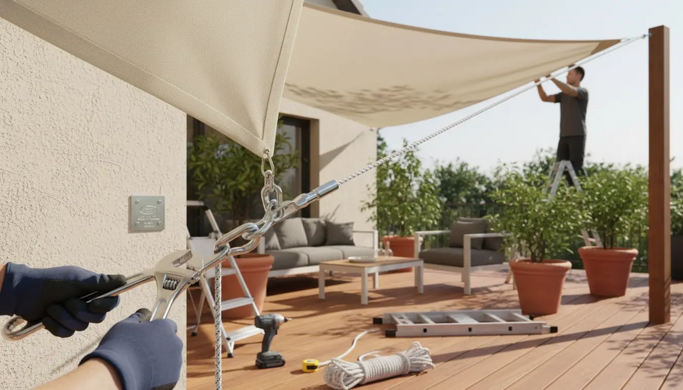 Hænder spænder et solsejl over en terrasse med beslag, reb og værktøj synlige.