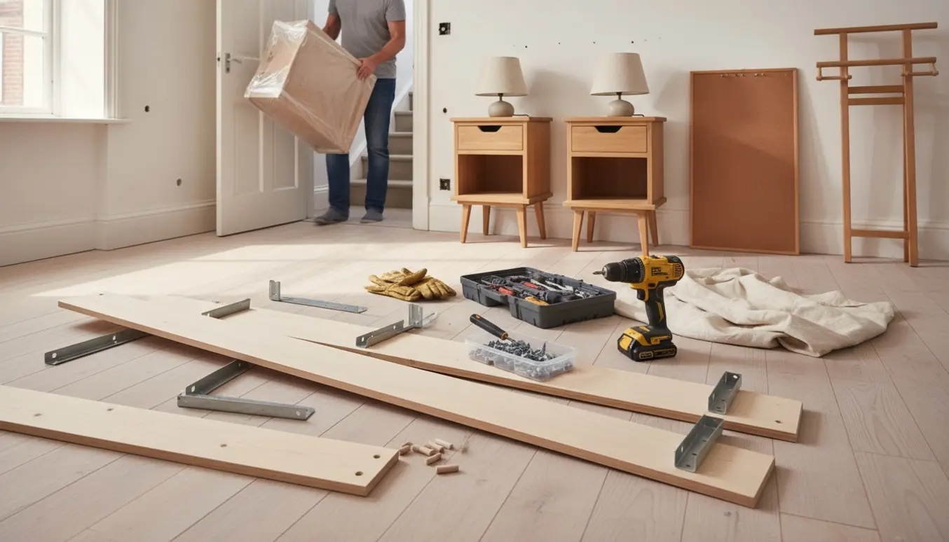 Delvist tømt værelse med afmonteret reol, værktøj og møbler klar til at blive båret op før istandsættelse.