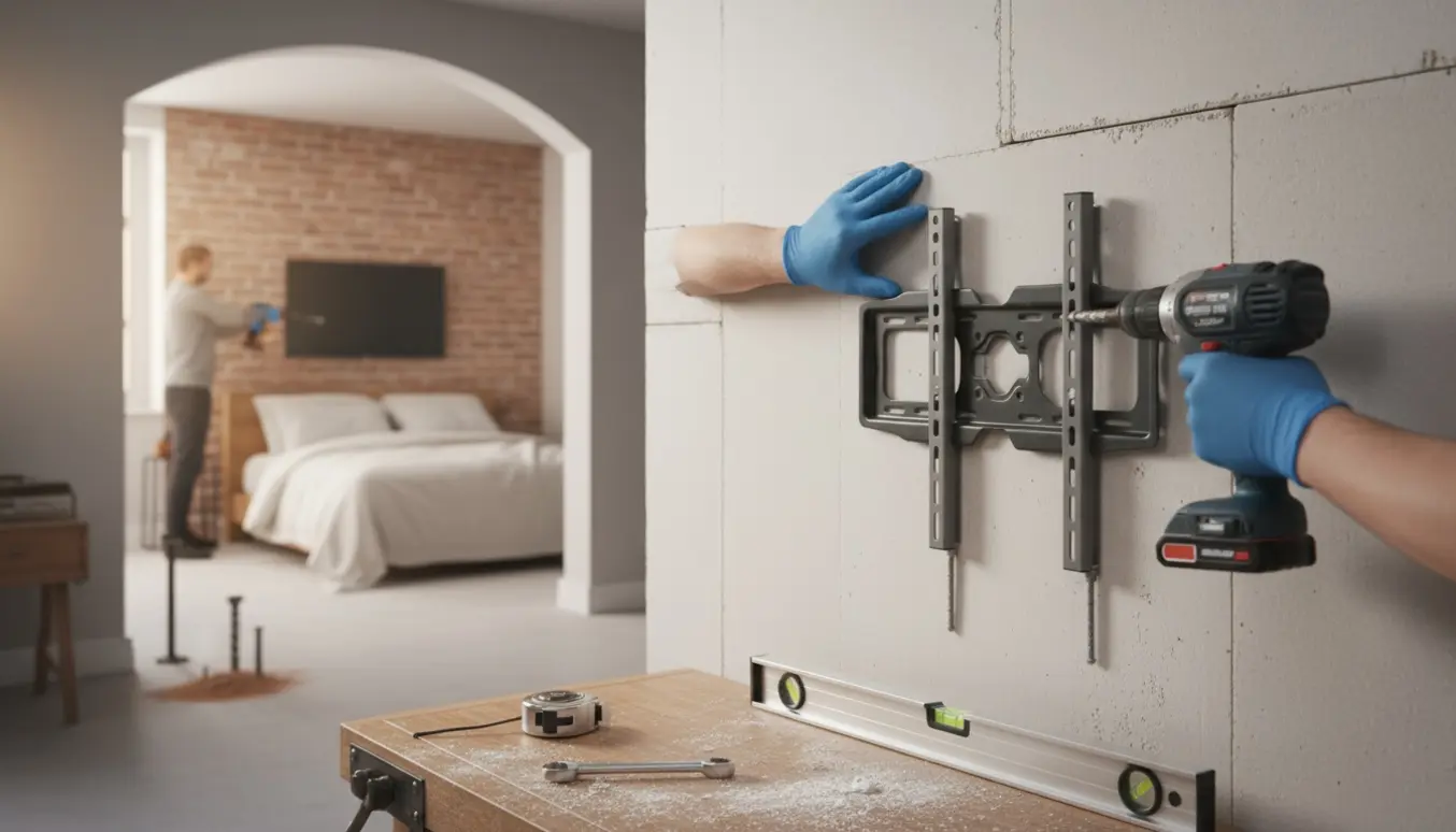 Hænder monterer et dreje-tv-beslag på en dobbelt lag gipsvæg med værktøj på et bord, og i baggrunden et fladt tvophæng på murvæg i soveværelset.
