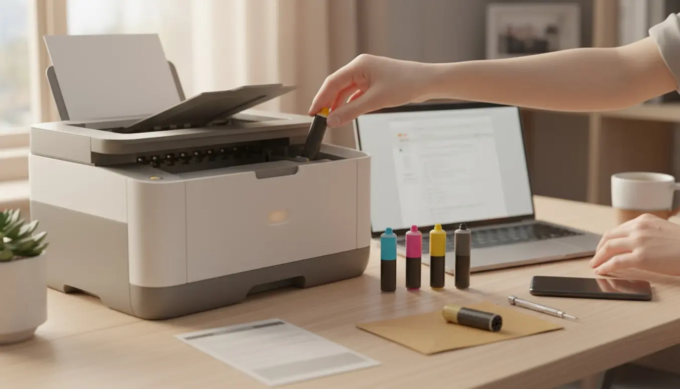 Hænder genindsætter blækpatroner i en åben printer ved et skrivebord med laptop og værktøj.