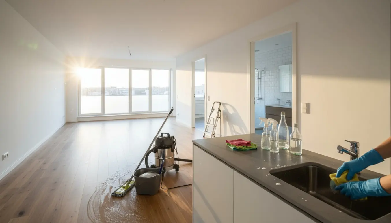 Lys, tom 200 m² lejlighed under hovedrengøring med rengøringsudstyr og handsker i fokus.