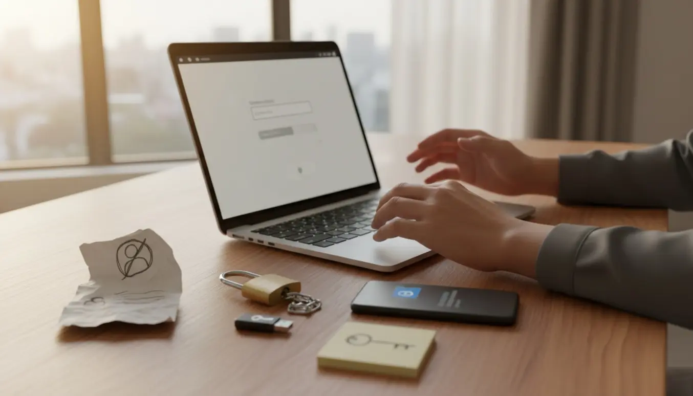 Bærbar og smartphone på et skrivebord med sløret indbakke og symboler for mistet konto og manglende e-mail‑bekræftelse.