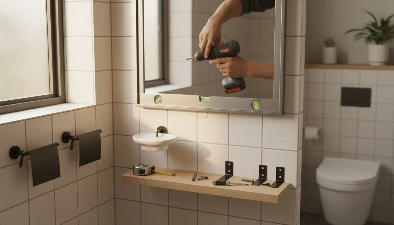 Hænder monterer et spejl, en sæbeholder og to toiletrulleholdere på en flisevæg i et lyst, moderne badeværelse.