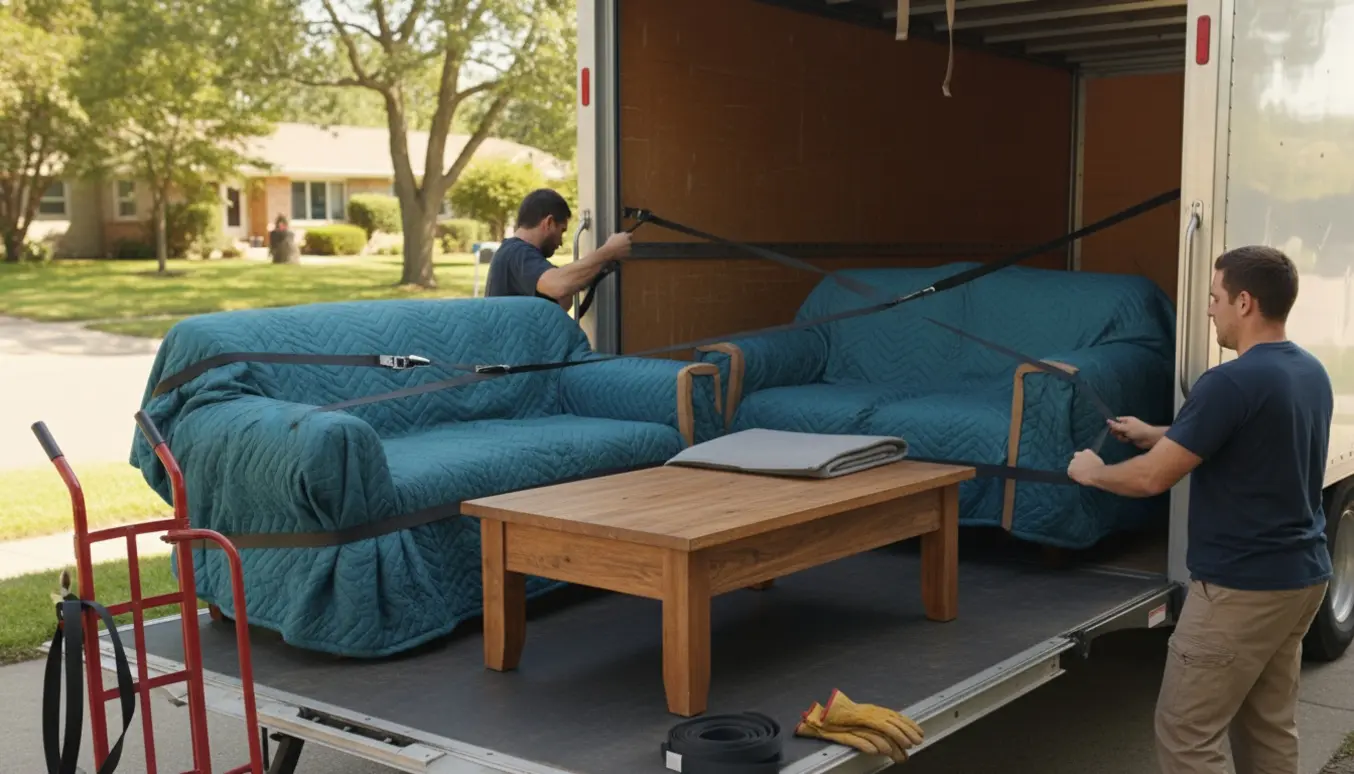 Åben flyttebil i indkørsel med to sofaer, en lænestol og et sofabord sikret på tæpper og stropper.