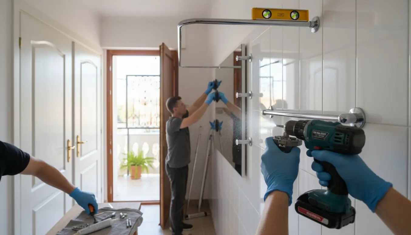 Hænder fastgør en badeforhængstang i fliser, mens spejl, døre og altanskærm arbejdes på i baggrunden.