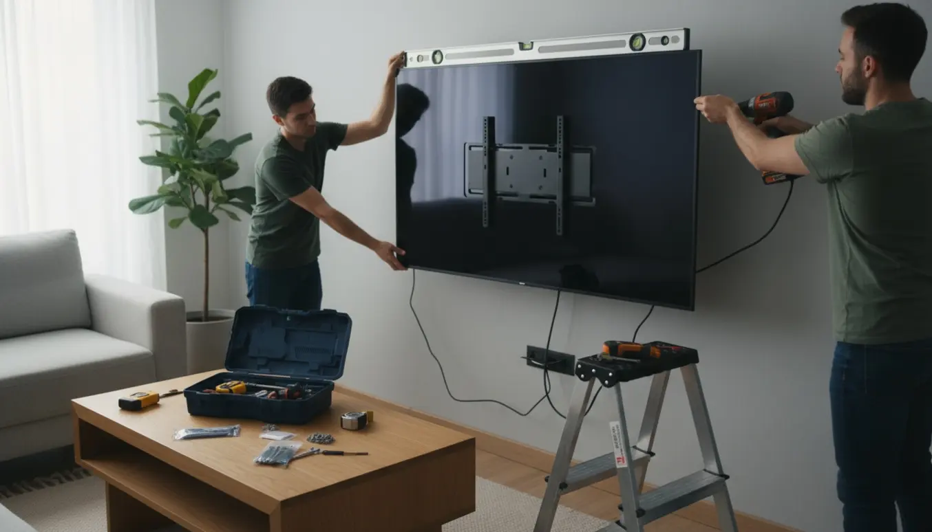 Et 65-tommer tv monteres på en stuevæg i en moderne stue, værktøj ligger klar.