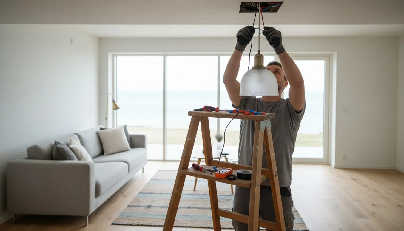 En elektriker på en stige monterer en loftslampe i en lys skandinavisk stue.