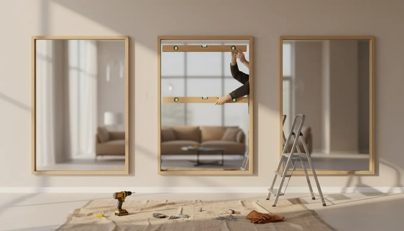 Tre store spejle monteres præcist på en væg med vaterpas, bor og monteringsbeslag.