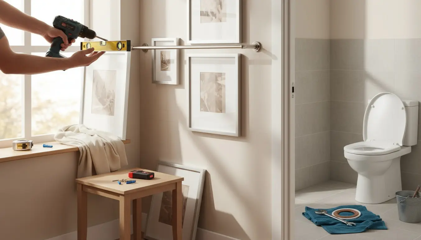 Hænder monterer gardinstænger og billeder i stuen, mens et nyinstalleret toilet ses gennem badeværelsesdøren.