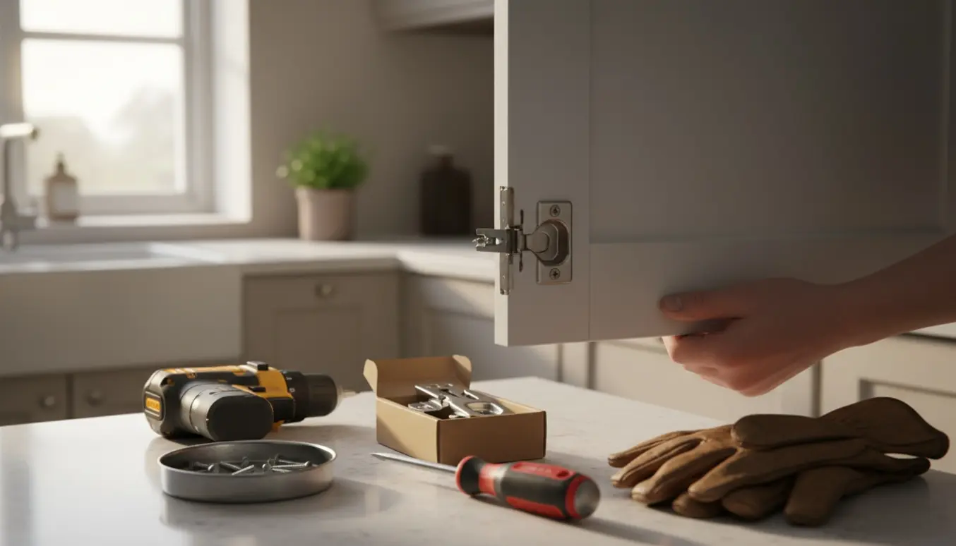 Nærbillede af et køkkenskab med et defekt hængsel og værktøj klar til udskiftning.