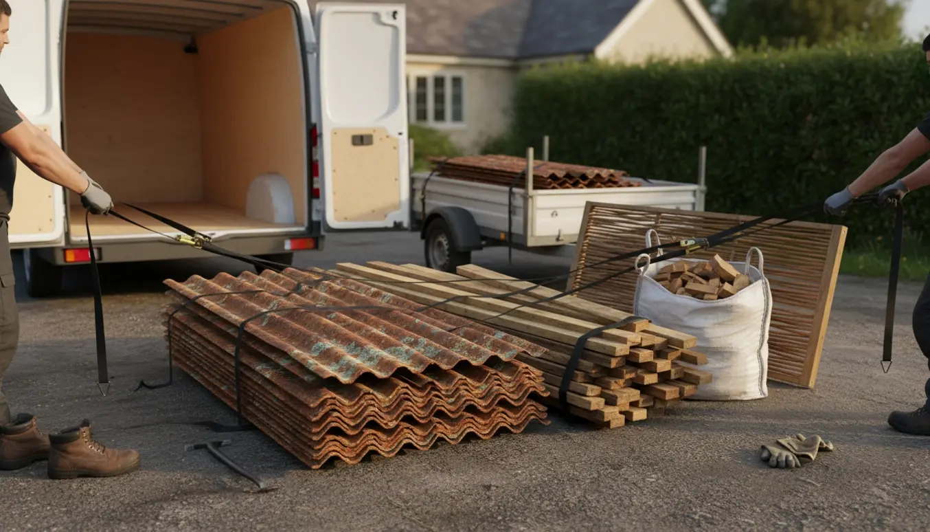 Trailer og kassevogn ved indkørsel fyldt med gamle tagplader, lægter, en sæk med træaffald og et flethegn klar til bortkørsel.