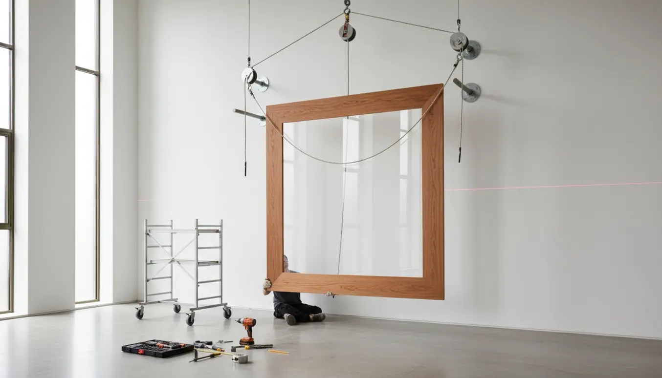 Stor træramme med plexiglas hænges højt på en væg med værktøj og rullestillads, uden synlige ansigter.