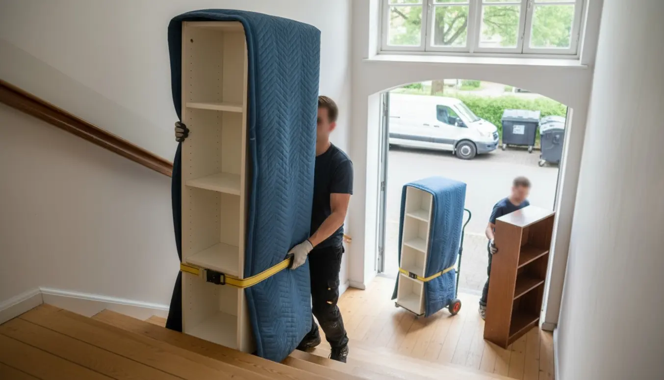Flyttemænd bærer en høj, hvid reol op ad en lys trappe, mens en indpakket reol står klar ved varevognen og en anden bæres ned mod storskrald.