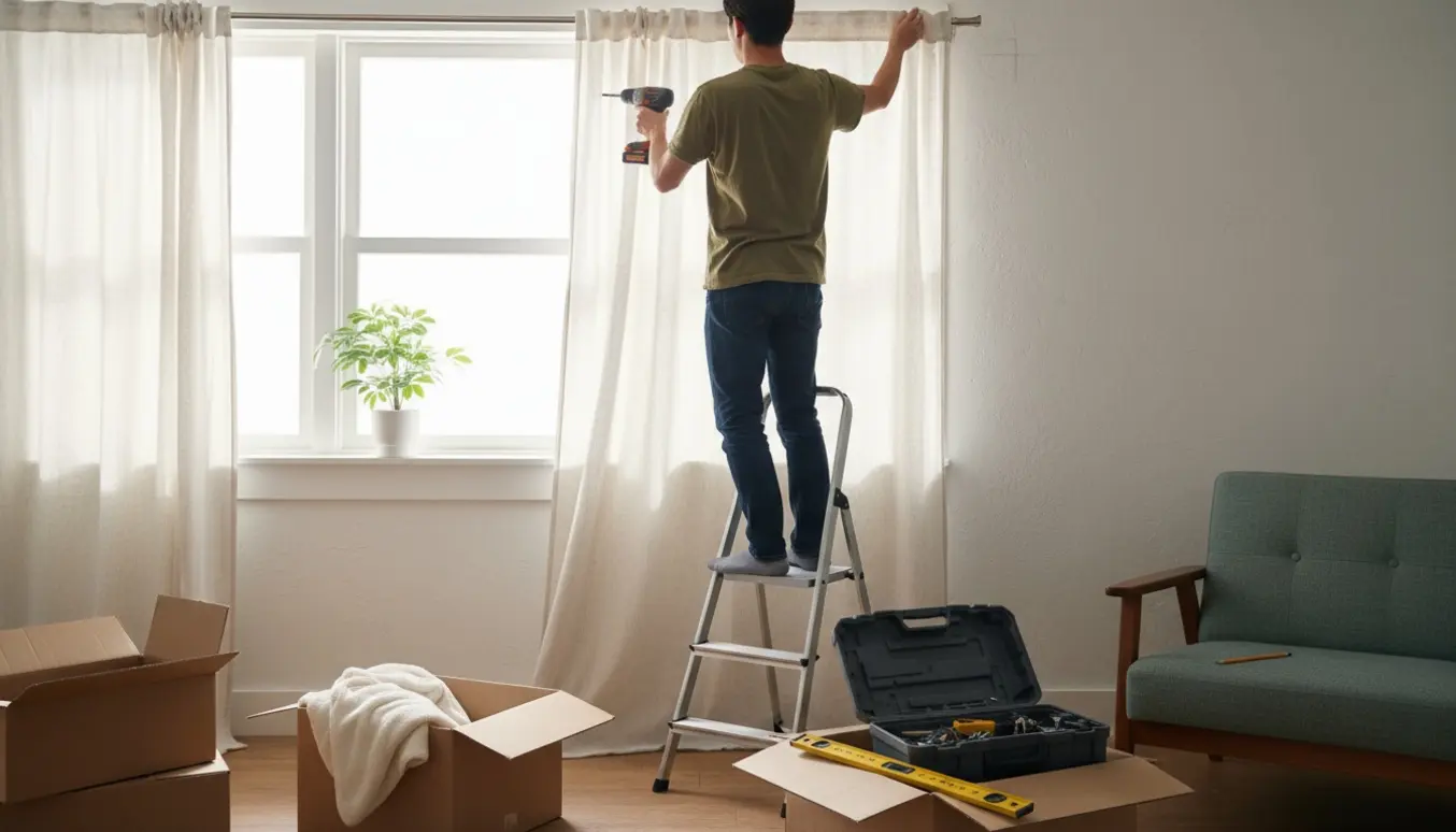 Person hænger gardiner op i en nyindflyttet stue, kun hænder og ryg synlige, med flyttekasser og værktøj i baggrunden.
