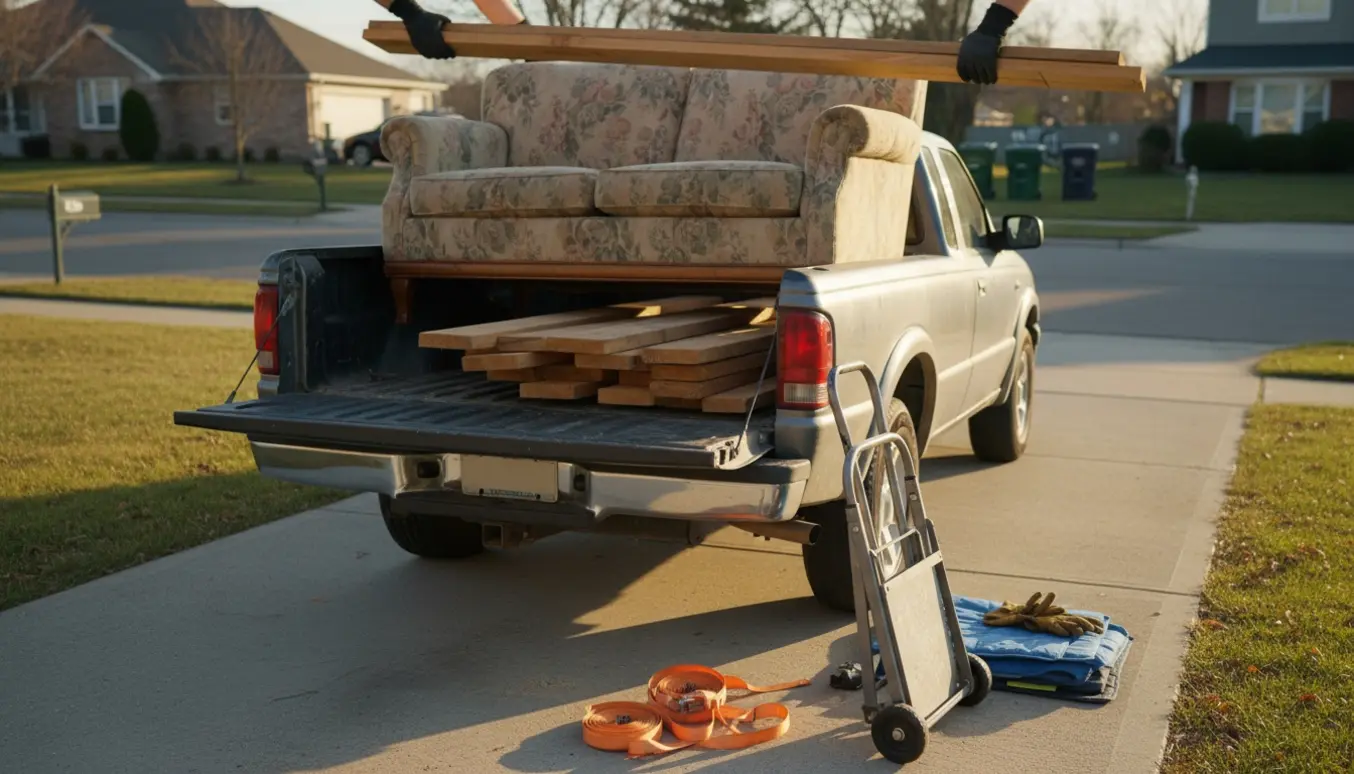 Pickup lastet med sofa og stabler af træ klar til afhentning.