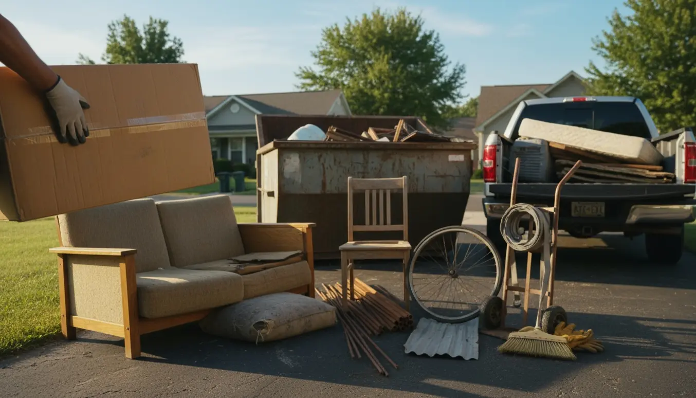 Storskrald på en indkørsel med papkasser, rustne metaldele og gamle møbler ved en åben container.