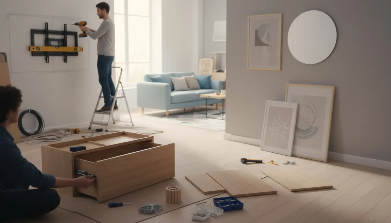 Ophængning af tv og spejl og samling af en Ikea-kommode i et lyst, moderne stuehjørne.