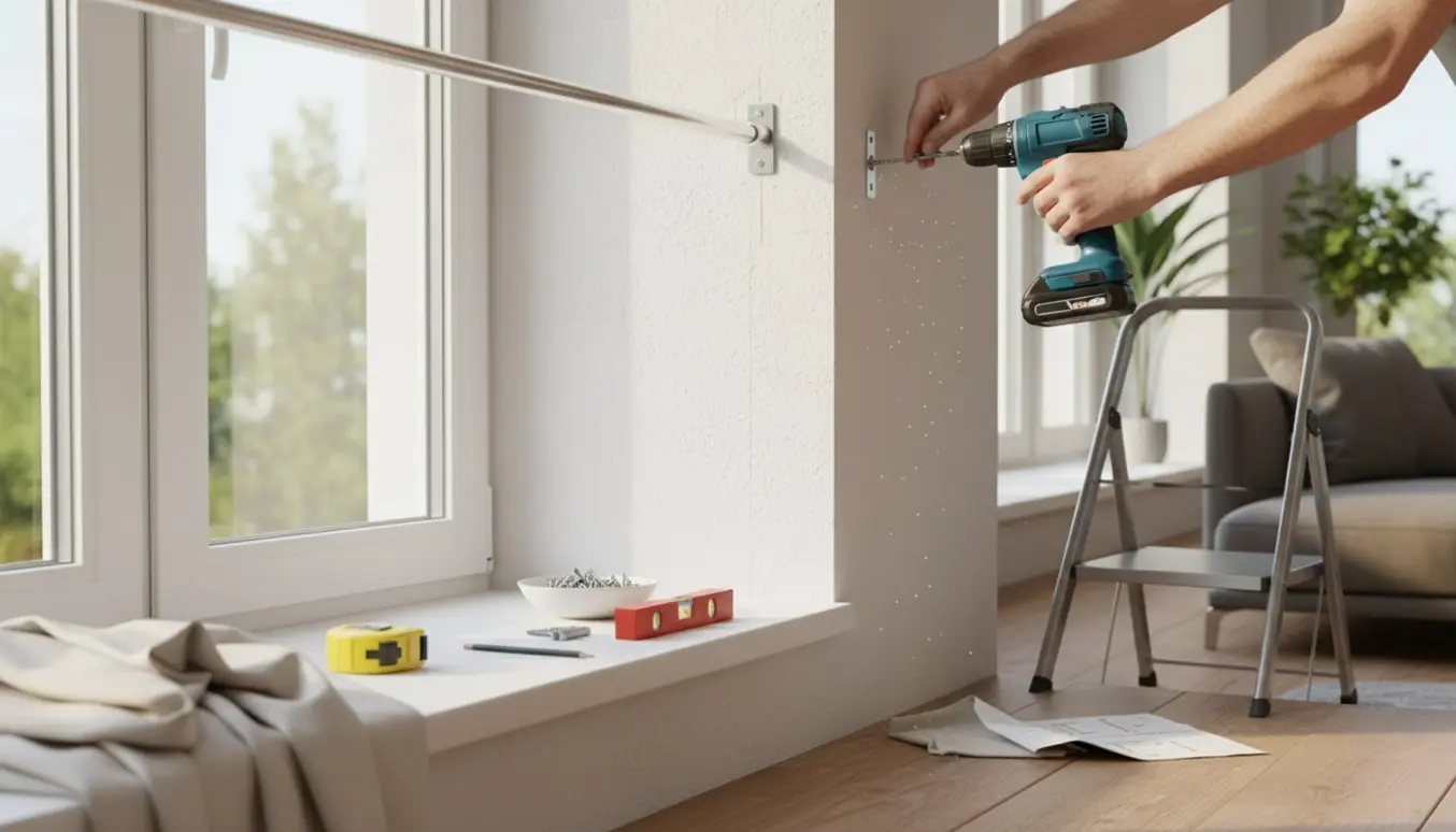 Nærbillede af hænder, der borer og monterer en gardinstang over et vindue med værktøj samlet.