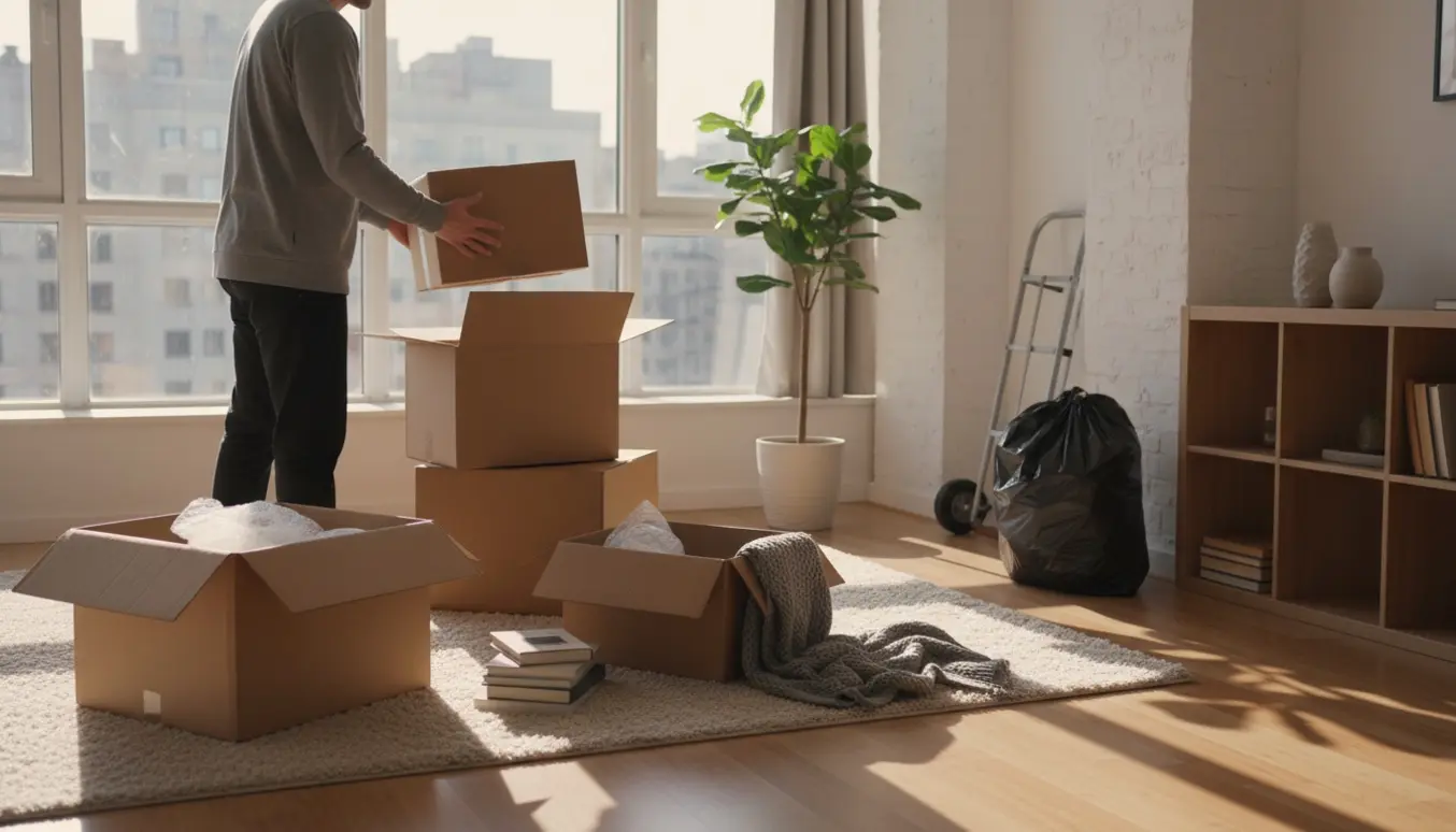 Lys lejlighed med åbne kasser og bøger under oprydning, en person set fra ryggen uden ansigt.