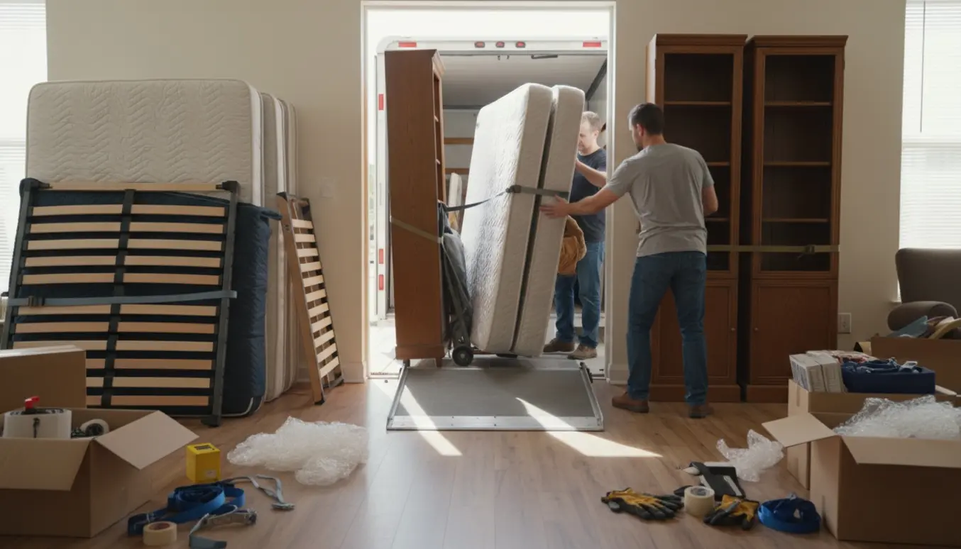 To dobbeltsenge og to reoler pakkes og bæres ud af en lejlighed til en flyttevogn, dækket af flyttetæpper og håndteret med dolly og stropper.