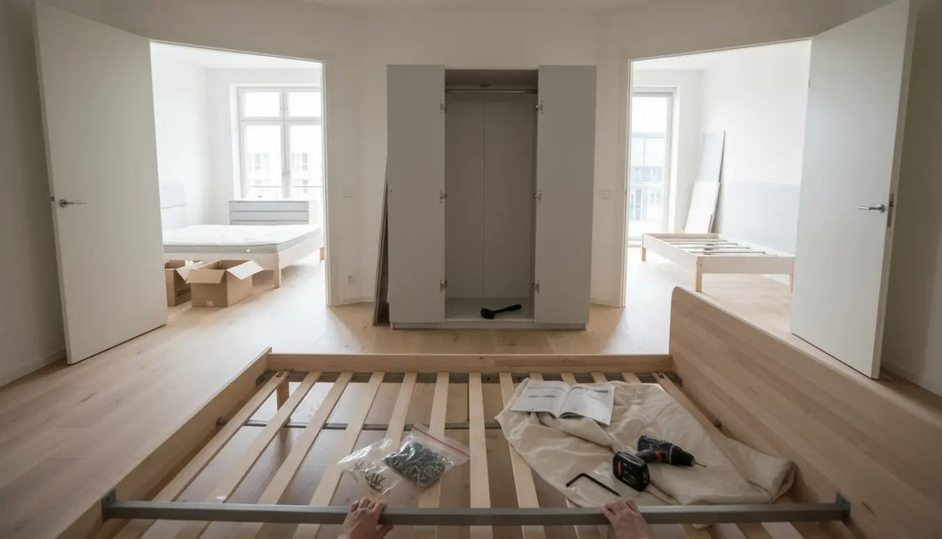 Bredt dagslysbillede af et hjem, hvor senge i fire værelser og tre garderober er under montering med værktøj og flade papkasser.