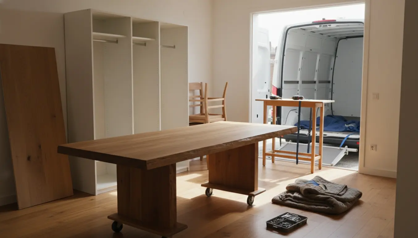 Tungt eget spisebord på tralle, to stole stablet, delvist adskilt garderobeskab med værktøj og et barbord klar ved en varevogn.