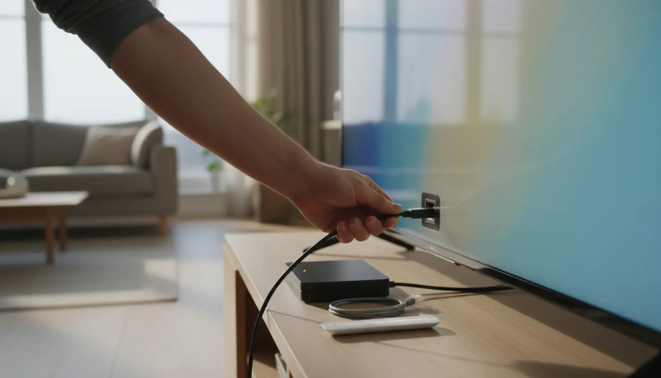 Nærbillede af hænder, der tilslutter HDMI-kabel mellem en set-top-boks og en fladskærm i en lys moderne stue.