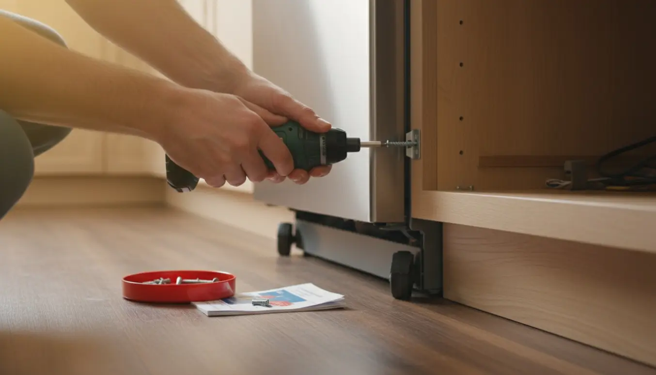 Nærbillede af hænder, der skruer to skruer fast i en opvaskemaskine for at sikre den i køkkenskabet.