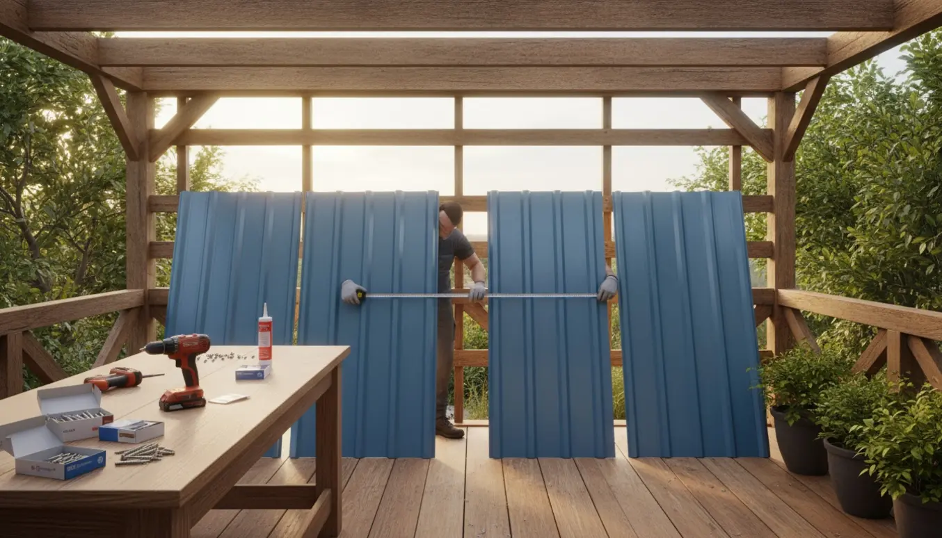 En håndværker måler åbningen på en overdækket terrasse før udskiftning af to blå trapezplader.