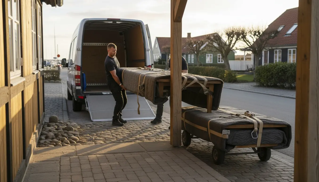 Et langt fransk langbord pakket i flyttetæpper bæres mod en åben flyttevogn på en stille vej i en dansk kystby.