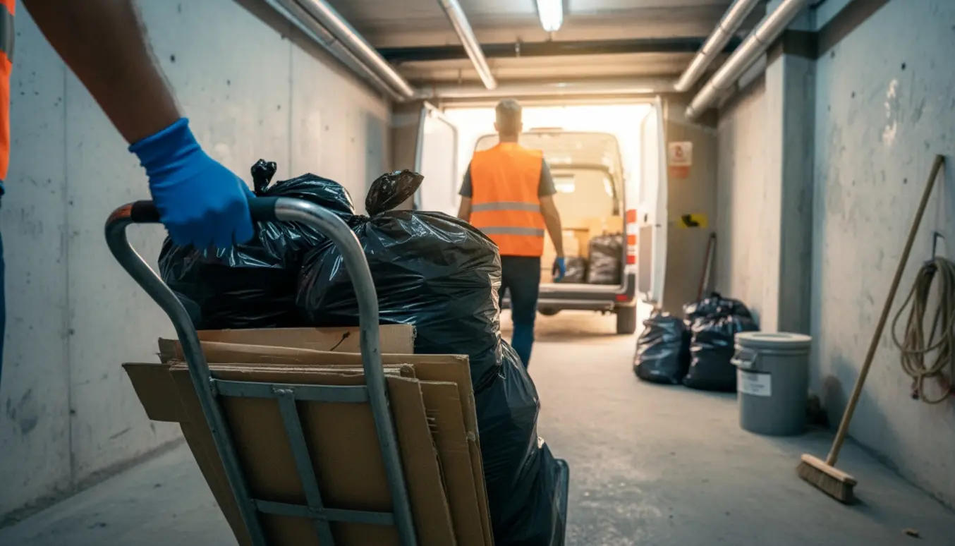 En sækkevogn med affaldssække føres ud af et kælderrum mod en åben, ubemærket varebil.