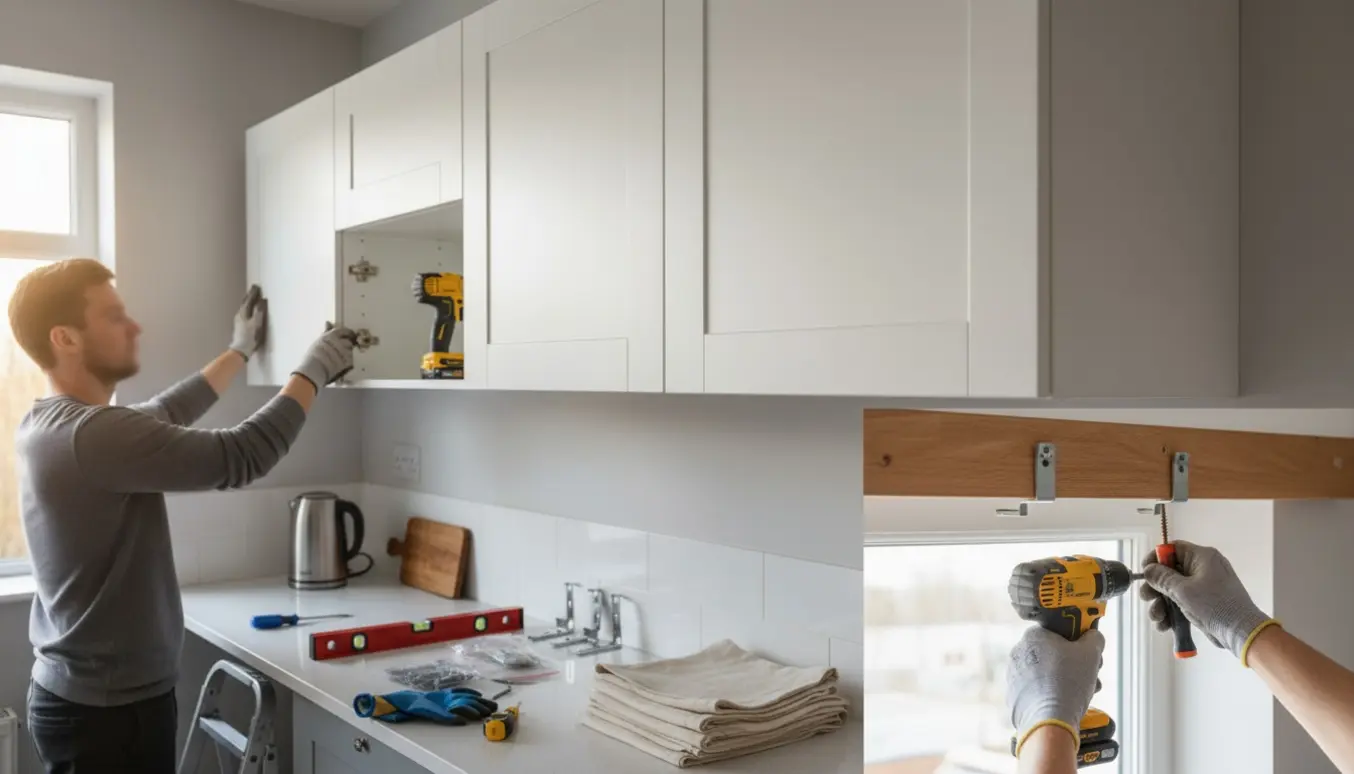 Hænder monterer tre overskabe og sætter gardin op med skruer i et lyst, moderne køkken.