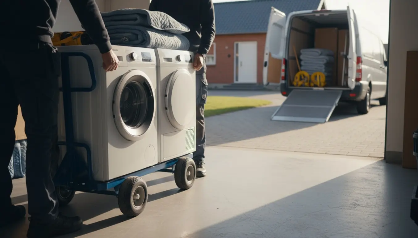To flyttemænd ruller en vaskemaskine og en tørretumbler på en dolly fra garage til lav indgang med en åben flyttebil i baggrunden.