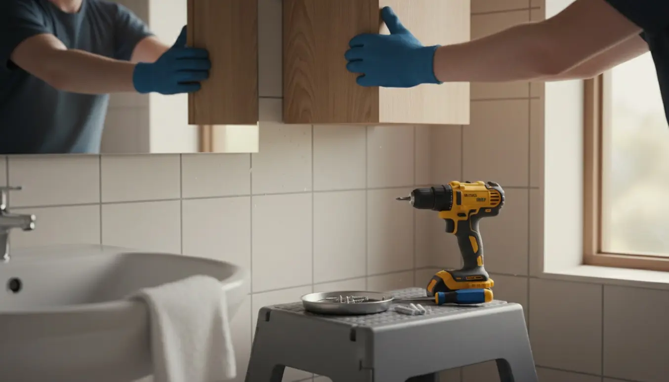 En person skrue et lille væghængt badeværelsesskab ned fra fliset væg med en skruetrækker og borehammer.