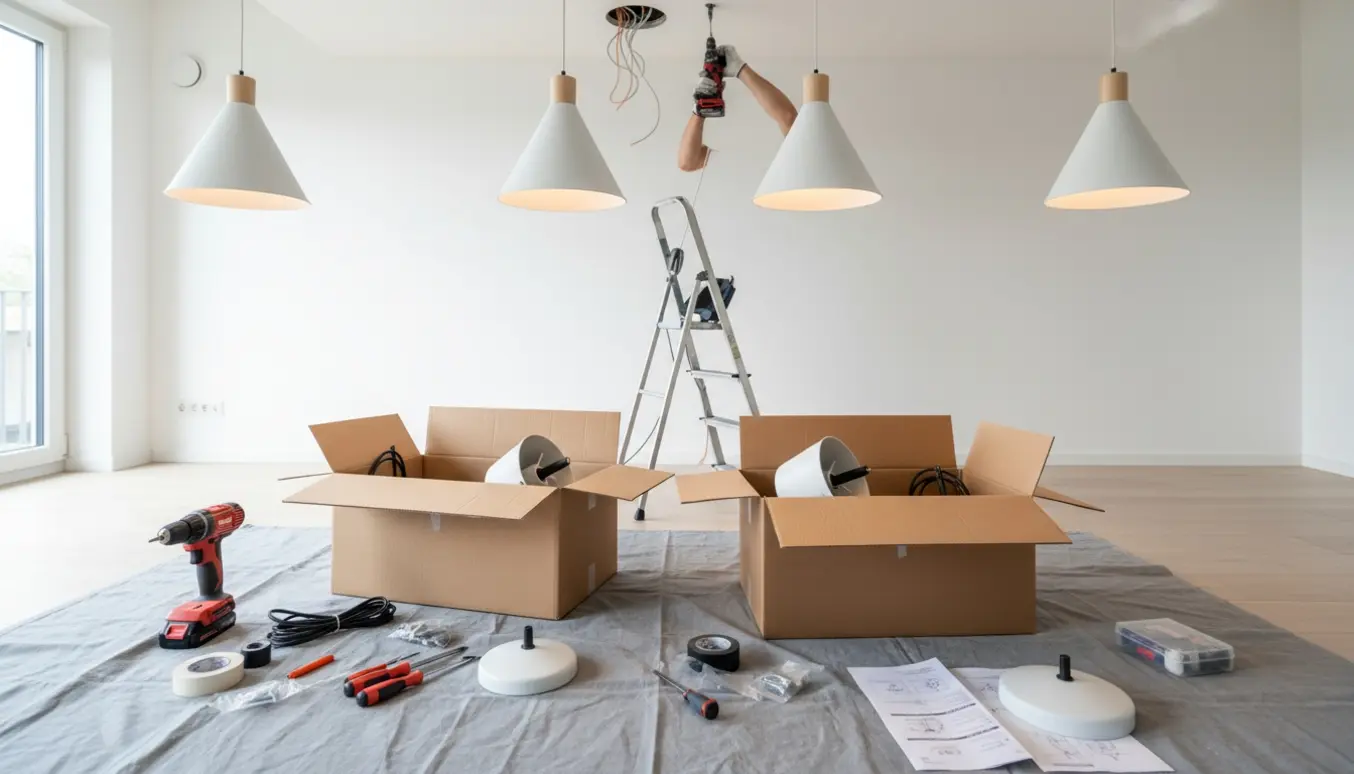 Hænder monterer loftlamper på en stige med værktøj og afmonteret gammel lampe i et lyst stuegulv.