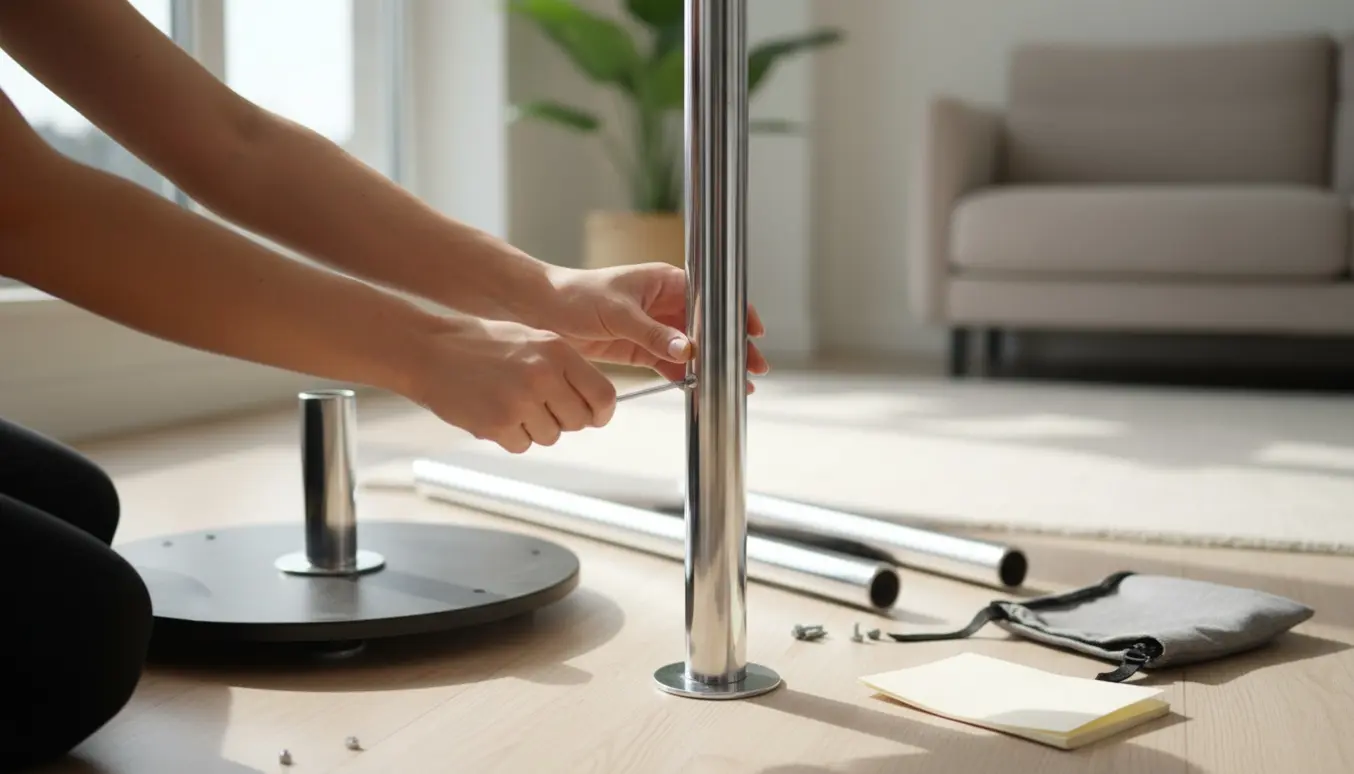 Hænder samler en krom justerbar pole-stang i en lys, ryddelig stue.